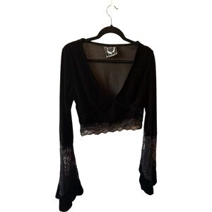 KILLSTAR Black V-Neck Velvet Bell Sleeve Top